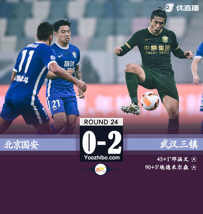 武汉三镇客场2-0战胜北京国安