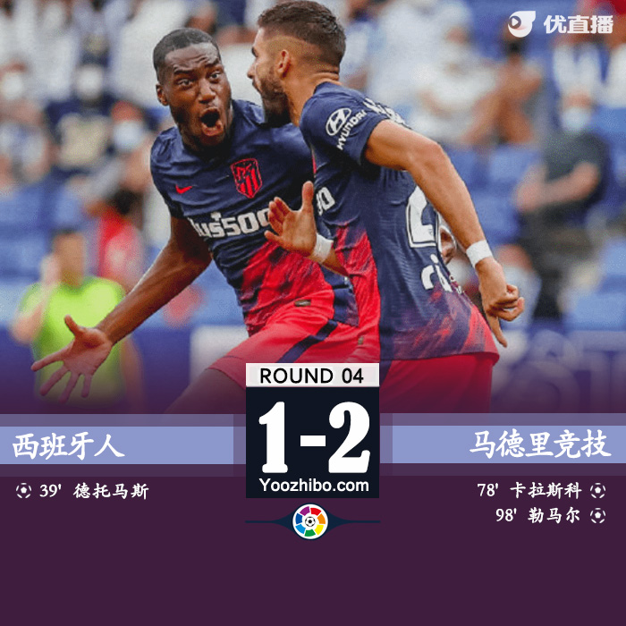 马竞2-1西班牙人 卡拉斯科传射勒马尔第99分钟绝杀