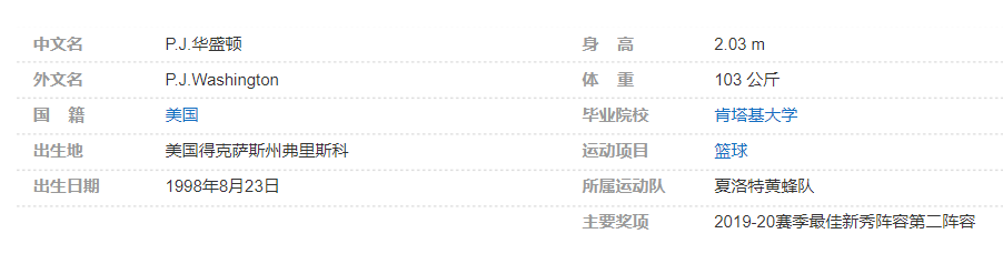 PJ-华盛顿个人详细资料简介